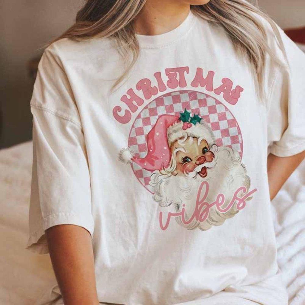 Pink Santa Christmas Vibes T-Shirt Funny Christmas Tee Shirts